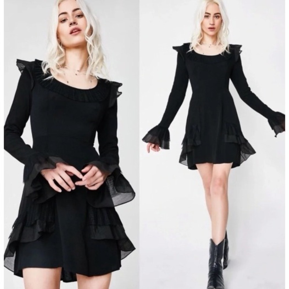 For Love & Lemons Evie Mini Dress Ruffle Long Sleeve Black Size M Scoop Neckline